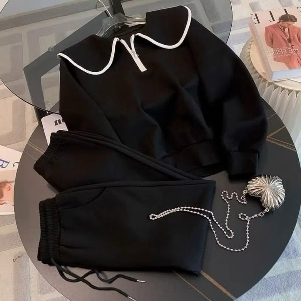 Bộ Nỉ Da Cá Tàu Cổ Peter Pan – Set Đồ Thu Đông Nữ Basic Thanh Lịch.