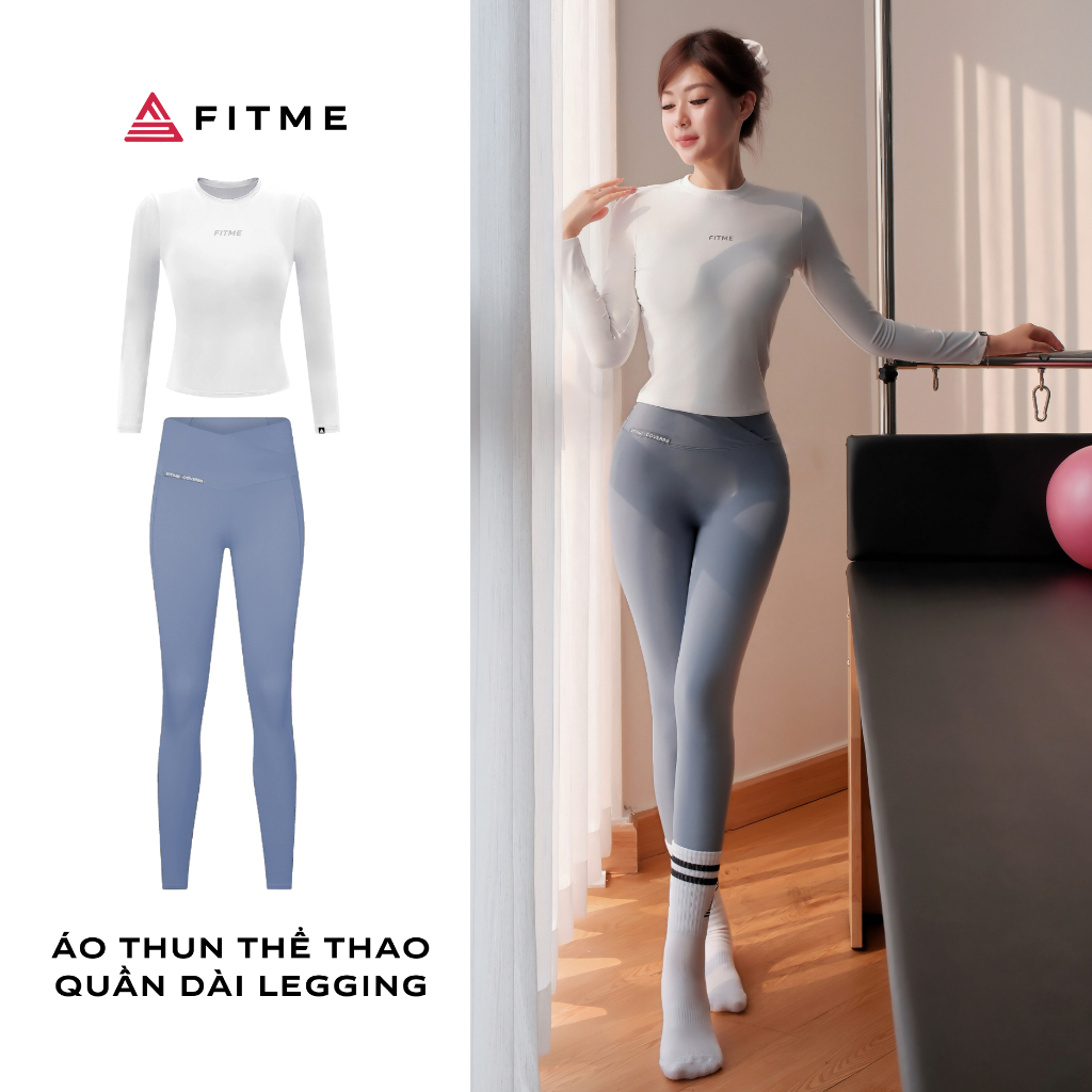 Bộ đồ tập pilates yoga nữ Fitme áo tay dài trắng quần legging cover co giãn 4 chiều hỗ trợ luyện tập