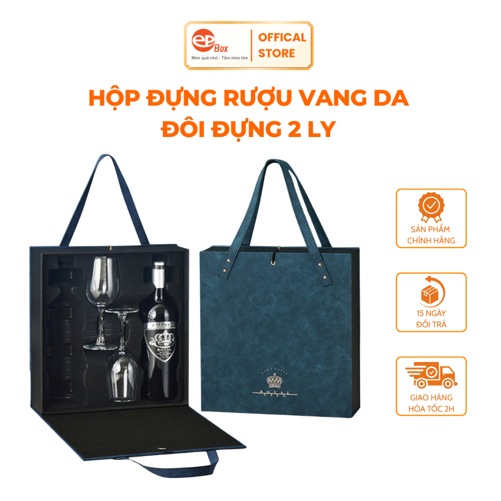 Túi Da Đựng Rượu Vang Epvina Box, Hộp Đựng Rượu Da Đôi 2 Ly Màu Cam Hộp Da 2 Chai