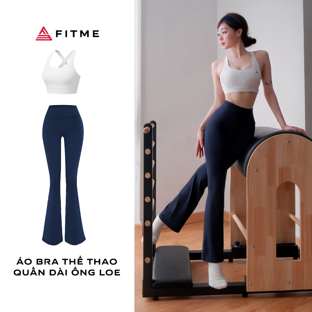 Bộ đồ tập pilates yoga nữ Fitme áo bra trắng quần ống loe navy co giãn 4 chiều tập luyện thoải mái