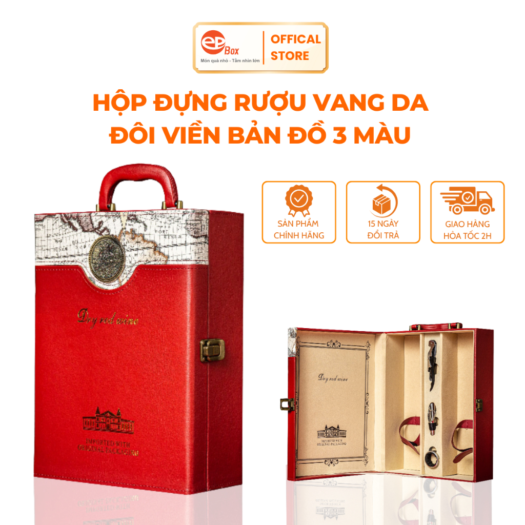Hộp Đựng Rượu Vang Da Đôi Epvina Box Họa Tiết Bản Đồ Trắng Đựng 2 Chai Vang 750ml