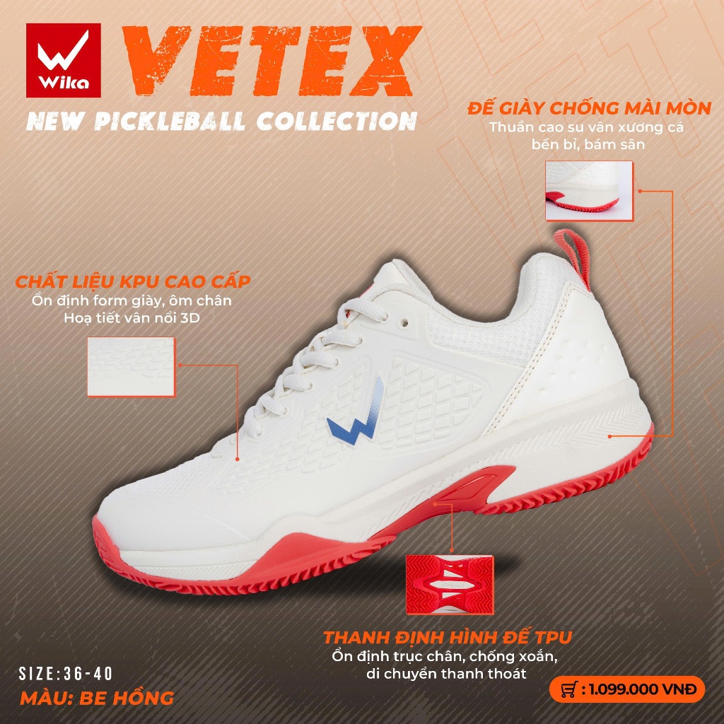 Giày Pickleball Wika Vetex Chính Hãng, Chất Liệu KPU Bền Bỉ, Thiết Kế Giữ Form Tối Ưu, Đệm Eva Giảm Chấn Tuyệt Vời