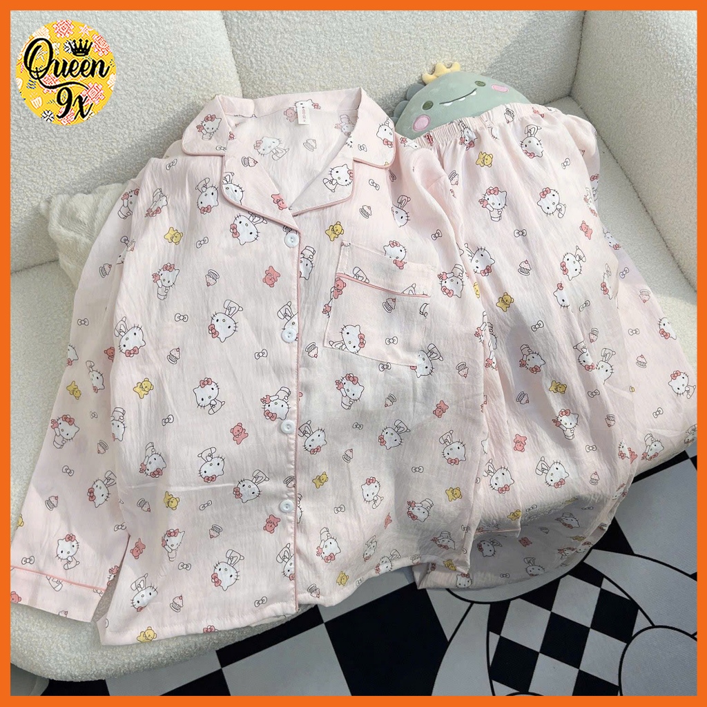 Bộ Pijama, Đồ Bộ Mặc Ở Nhà Cho Nữ Dáng Dài xinh xắn dễ thương mẫu kity và gấu vàng