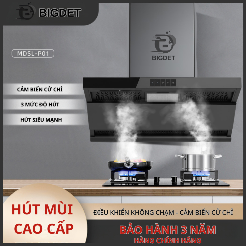 Hút Mùi Cao Cấp BD-01 Cảm Biến Cử Chỉ 3 Tốc Độ Hút Siêu Mạnh Có Khay Lọc Dầu Mỡ Đèn Led Êm Dịu