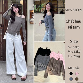  Áo Nỉ Tăm Dài Tay Lệch Vai Bo Viền Xẻ Cúc Hàn Quốc A3223 Susstore Thời Trang Nữ Bigsize 