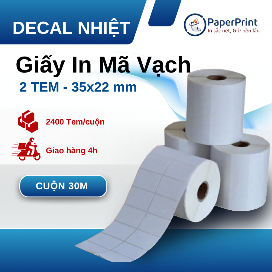 Giấy In Mã Vạch 2 Tem 35x22 (Cuộn) - Decal Nhiệt 2 Tem 72x22 mm, cuộn 30m