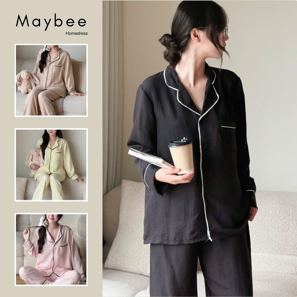 MB-SET-015 Maybee.Homedress Bộ Ngủ Dài Tay Trơn Viền Né, Dáng Rộng – Vải Đũi Mềm Mịn, Thoải Mái | BigBuy360 - bigbuy360.vn