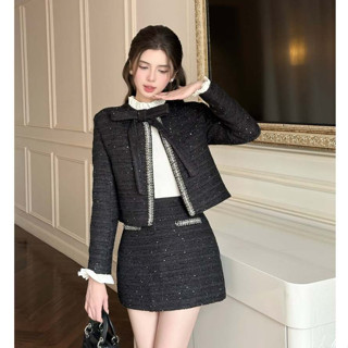  Set áo tweed kim sa đen thu đông phối nơ và chân váy sang chảnh Jolie Set - SWEETEA 