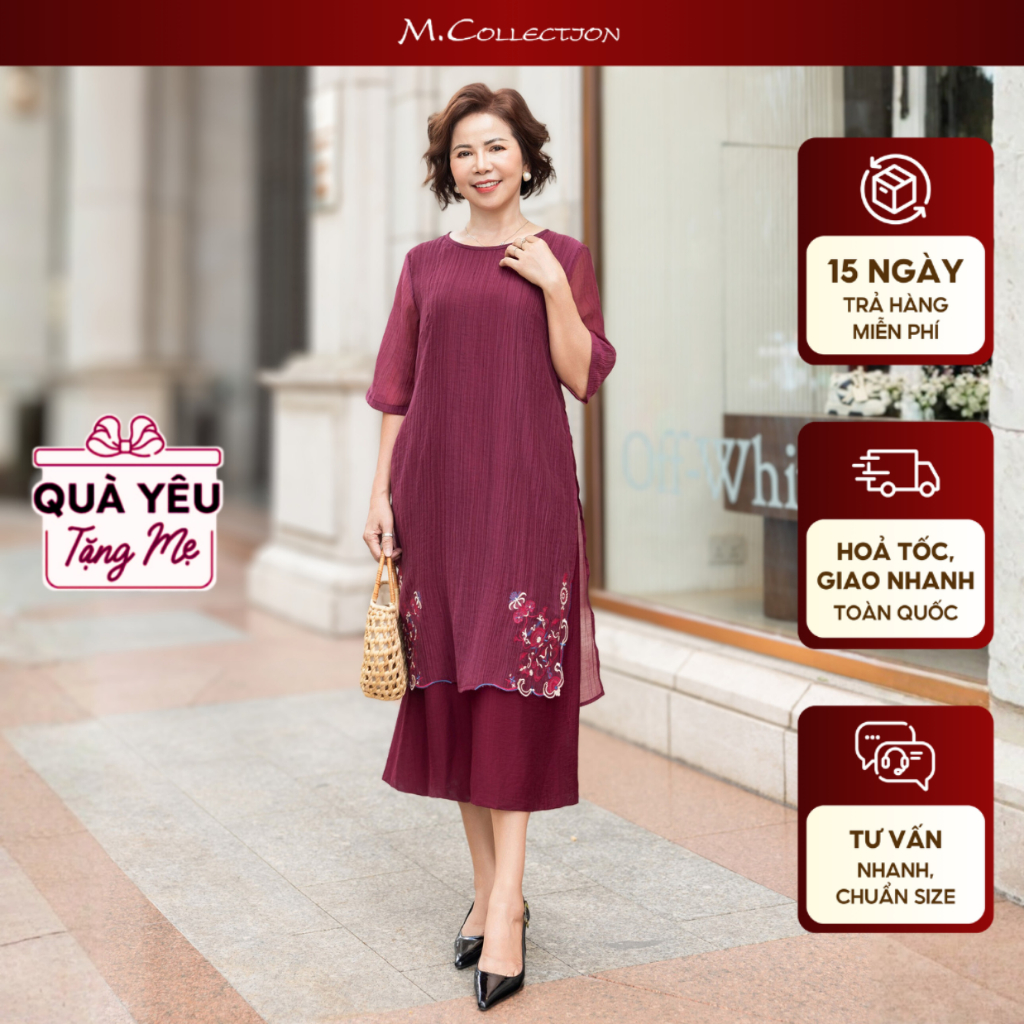 M COLLECTION | Váy Đầm Nữ Trung Niên Tặng Mẹ Suông Vải Tơ Xốp 2 Tà Tay Lỡ Thêu Hoa Đi Tiệc D12311 | BigBuy360 - bigbuy360.vn