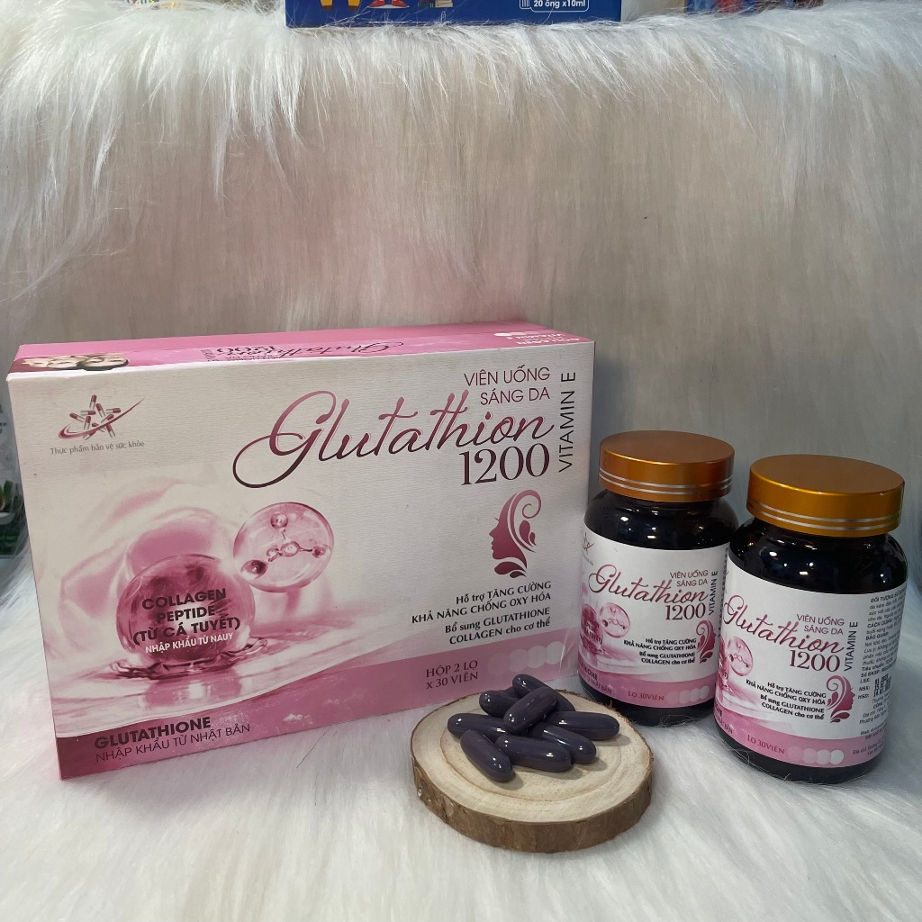  Viên uống sáng da Glutathion 1200 bổ sung thêm Collagen hỗ trợ sáng da chống lão hoá  Hộp 2 lọ x 30 viên  