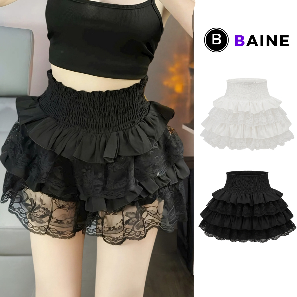 Chân Váy TẦNG PHỐI REN Chất Thun Kate Nhún Eo BM145, Chân Váy Có Lót Trong Dáng Ngắn BAINE