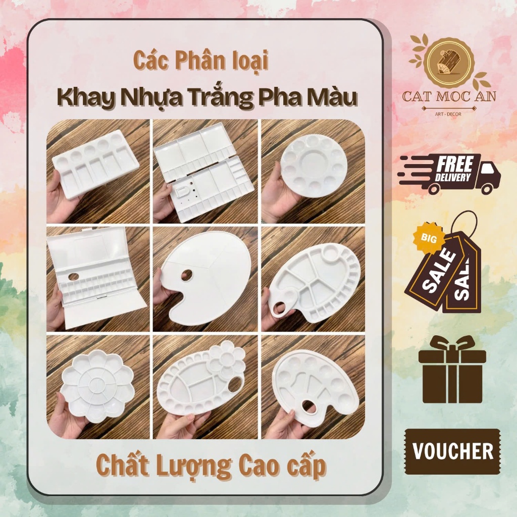 [catmocan] Khay Pha Màu Mini -khay pha màu nhựa trắng đa dạng mẫu - Chữ Nhật 6ô cho bé🌿