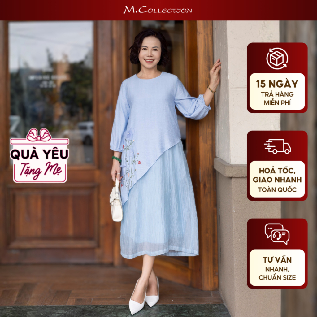 M COLLECTION | Váy Đầm Nữ Trung Niên Tặng Mẹ Phom Suông Lụa Hàn Nhẹ Mặc Thoáng Mát Thêu Hoa D12354 | BigBuy360 - bigbuy360.vn