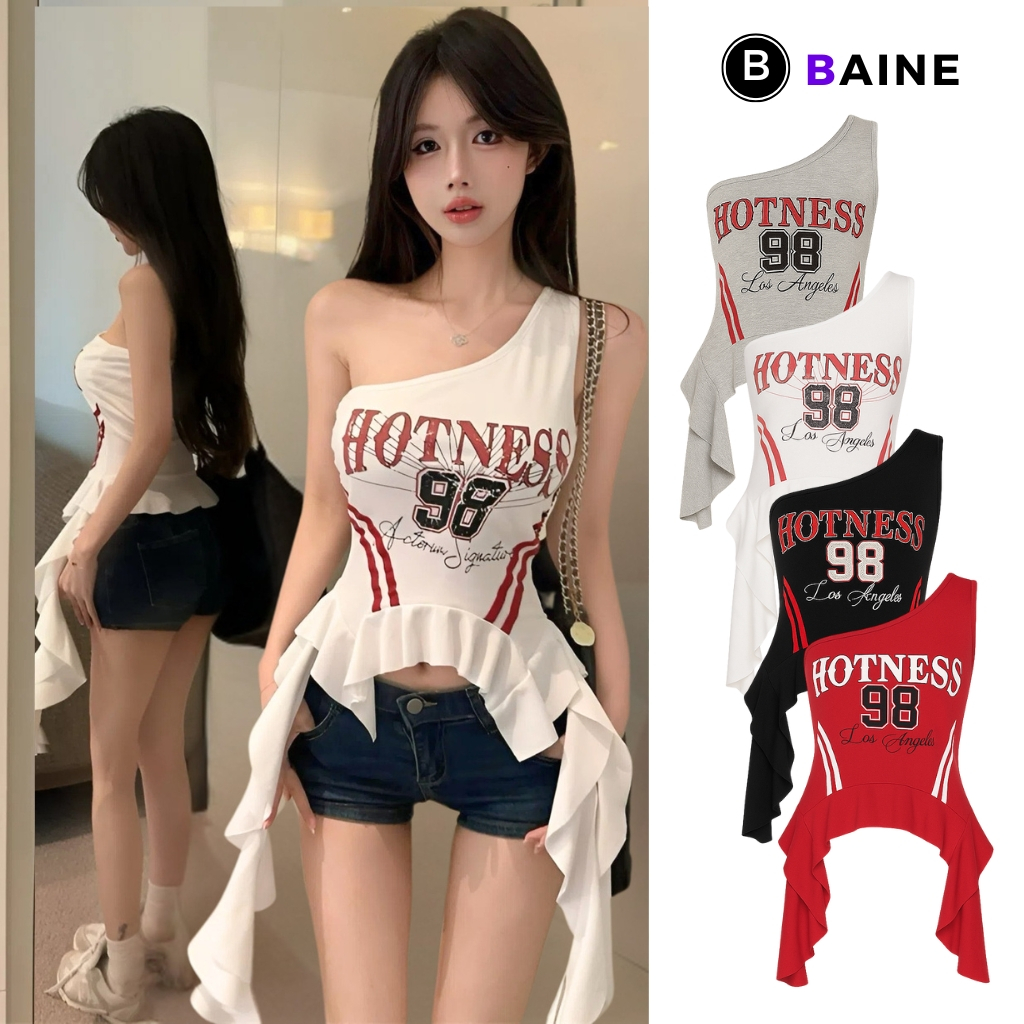 Áo SÁT NÁCH HOTNESS 98 Tua Rua Vạt Bèo BM136, Áo Thun Nữ Lệch Vai Chất Borip In Hình BAINE