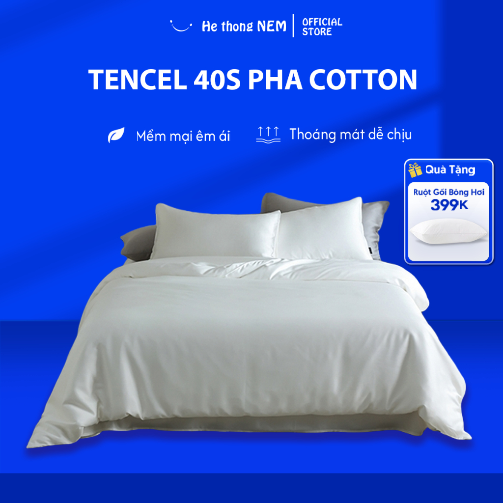 Bộ Ga Trải Giường Lụa Tencel Cotton He thong NEM Chăn Ga Drap Grap Gra Ra Gối Nệm 5 Món Chăn Phủ Giư