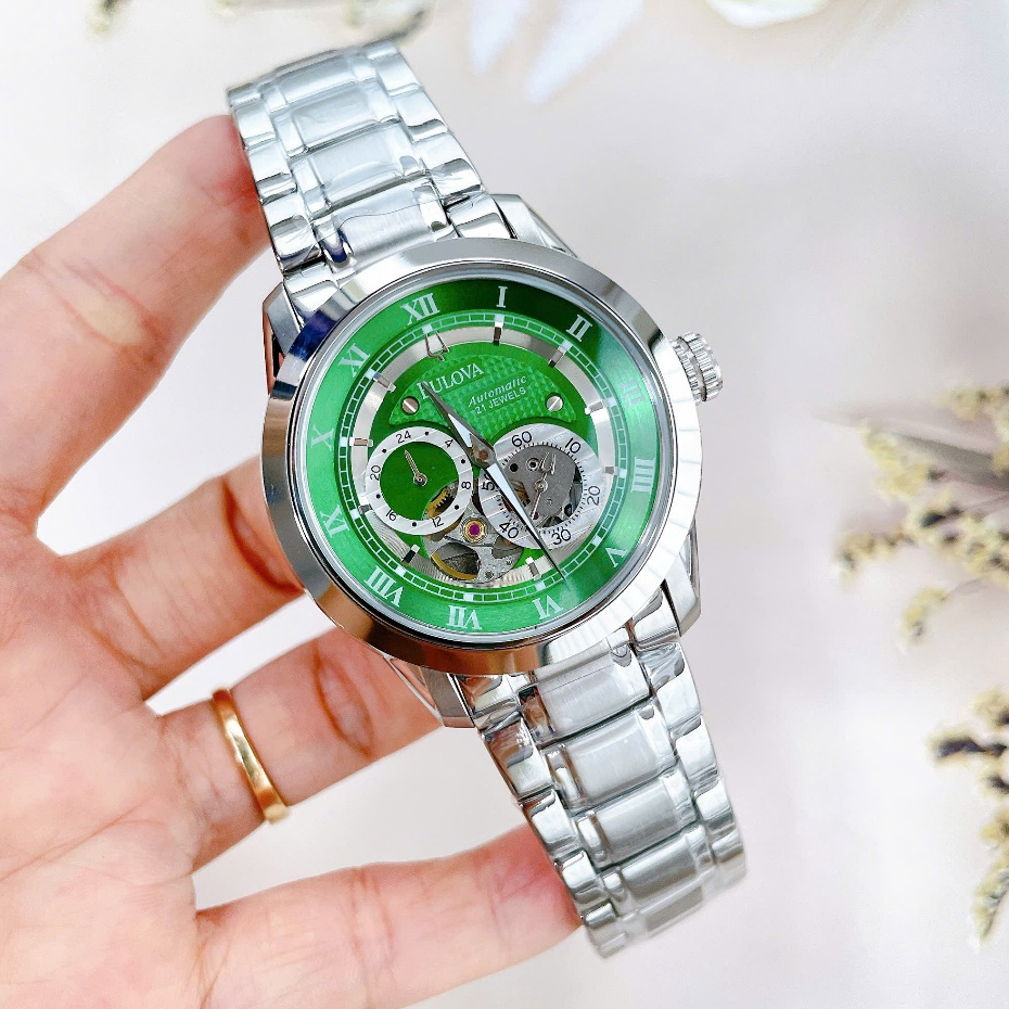 Đồng Hồ Nam Bulova 96A118 Tự Động Mặt Xanh Lá Vỏ Silver Size 42mm