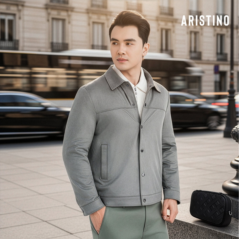 [ONLY ONLINE] Áo Khoác Nam Da Lộn 2 Lớp ARISTINO màu xám form Regular Fit vừa vặn, kiểu dáng trẻ tru