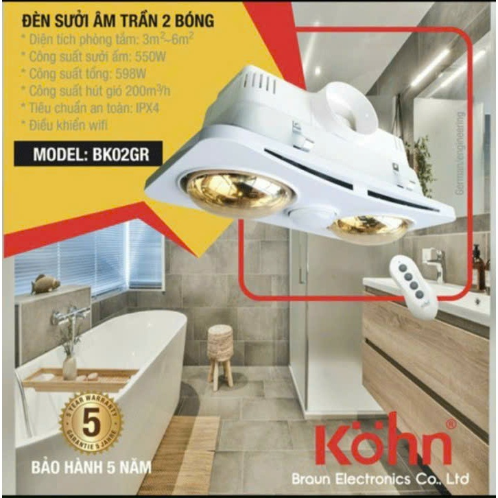 Đèn sưởi nhà tắm âm trần Kohn LUXURY 2 bóng BK02GR