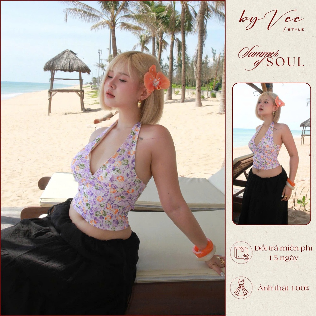 Áo Yếm Hở Lưng Hoa Violet Top ByVeeStyle, Áo Yếm Nữ Cột Dây Siêu Xinh Tôn Dáng Đi Chơi, Đi Biển