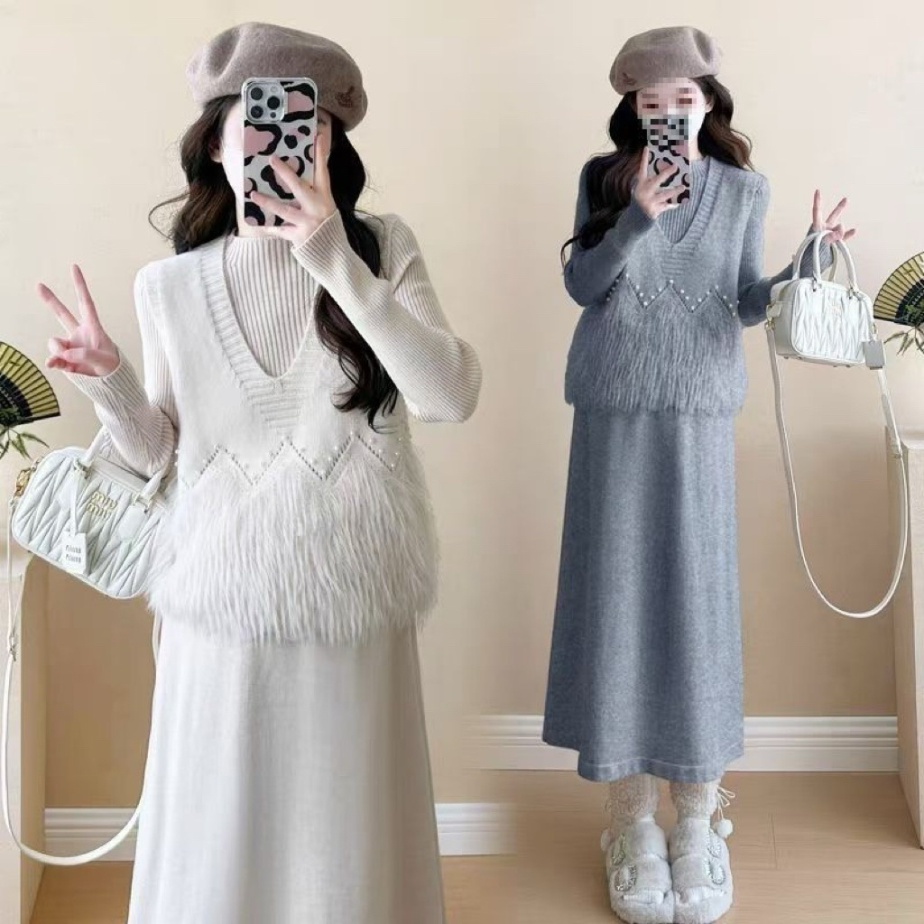 [Minn.studio] Set Váy Len Gile Lông Đính Ngọc. Chất Len Mềm,Co Dãn(Hàng QC)