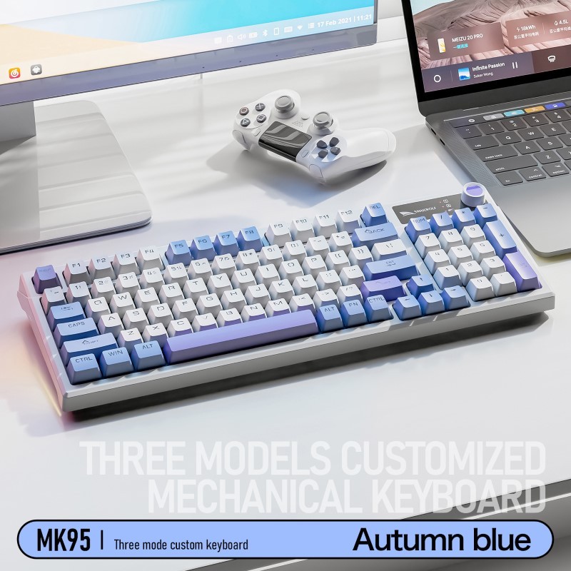 Bàn Phím Cơ Gaming Không Dây MK95 Bluetooth 5.0 + USB 2.4G + Cáp – Blue Switch 95 Phím, Núm Vặn Âm L