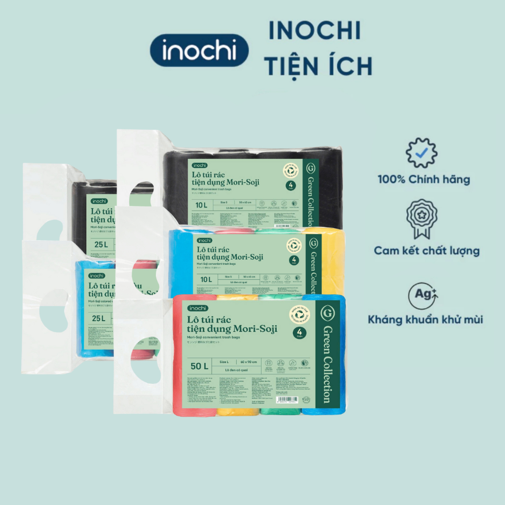 Lô 4 cuộn túi rác tiện dụng có quai màu đen - INOCHI, nhiều màu, size 10L-25L-50L