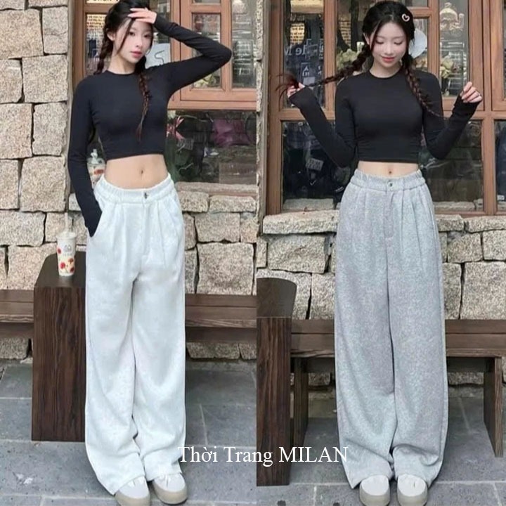 Quần nỉ 2 da ống rộng cạp chun lưng thun M61 co giãn dáng quần nỉ nữ ống rộng suông dài vải dày đi h