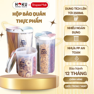 Hộp Bảo Quản Thực Phẩm HOKU Trong Suốt 2500ml Nhựa PP Nhiều Ngăn Đựng Mì Ý, Gia Vị, Đồ Khô HBQ01