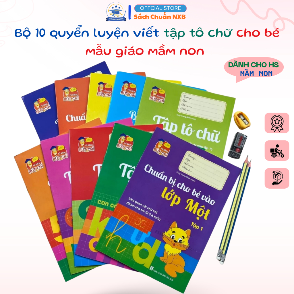 Sách - Bộ 10 quyển luyện viết tập tô chữ cho bé mẫu giáo mầm non .Tặng kèm 2 bút chì ,1 tẩy và 1 gọt