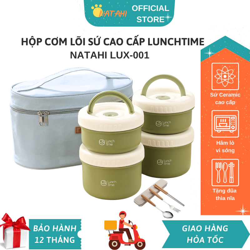 Hộp cơm văn phòng Lunch Time NATAHI LUX001 lõi Sứ cao cấp, vỏ nhựa PP5 chất lượng tặng kèm túi và hộ