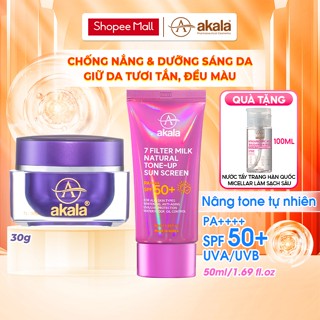  Combo Kem Chống Nắng  HÀN QUỐC  Vật Lý Lai Hoá Học 7 Màng Lọc akala 50ml & Kem Dưỡng Trắng Da Phục Hồi akala 30g 