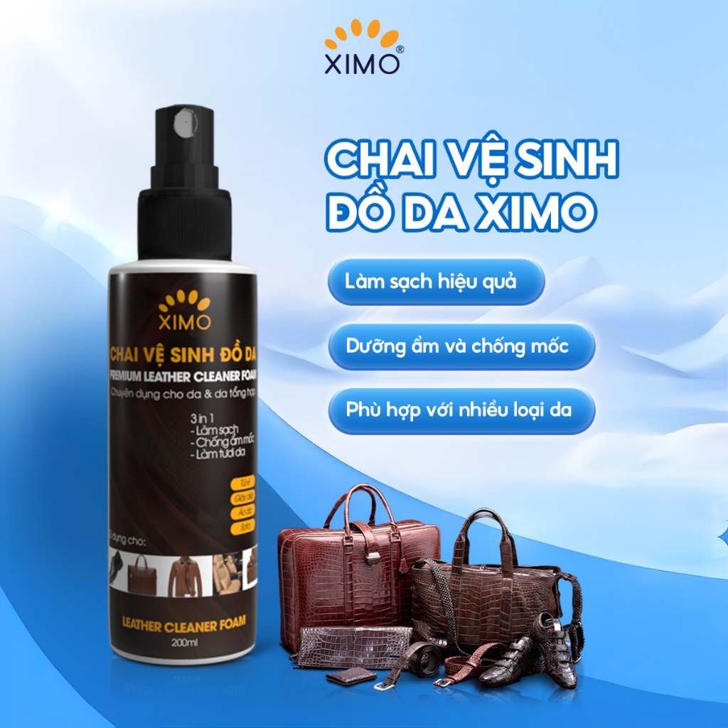Chai vệ sinh đồ da 150ml XIMO giúp làm sạch, dưỡng ẩm chống mốc, kháng khuẩn giày, túi ví, áo, ghế da XI03