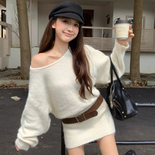  Váy len nữ lệch vai dáng thụng kèm ĐAI phong cách ulzzang Hàn Quốc 24Feb.studio VVN0017 