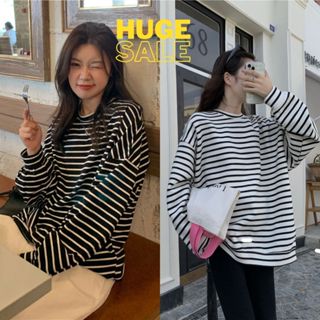  A027 Áo thun kẻ ngang đen trắng dài cộc tay form rộng unisex Áo phông không cổ tròn nam nữ dáng to sọc Ulzzang 