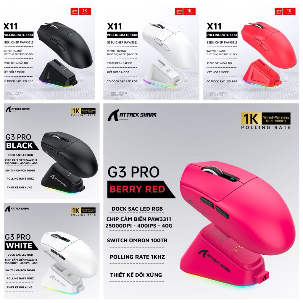 Tổng  Hợp Chuột Không Dây Gaming Attack Shark  X11 / G3 Pro / R1 / 3 chế độ kết nối / Dock sạc / tặng kèm grip tape