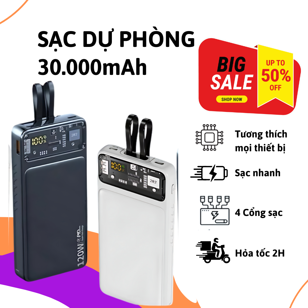 Sạc dự phòng 30000mah Công suất 120W tích hợp sạc nhanh, Có kèm 2 Dây Sạc, màn hình led