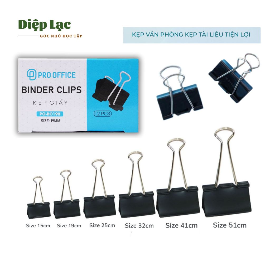 (Hộp 12c) Kẹp tài liệu,kẹp bướm sắt đủ cỡ Pro Office hợp kim mạ BC150/BC190/BC250/BC320/BC410/BC510
