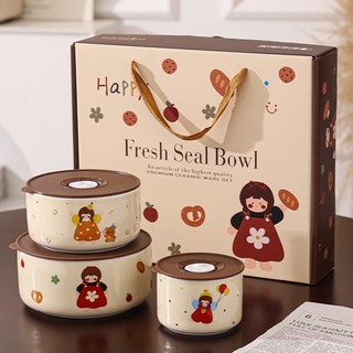 Bộ 3 bát sứ có nắp Fresh Seal Bowl - Hộp cơm sứ giữ kín hơi, chống tràn nhiều mẫu siêu xinh