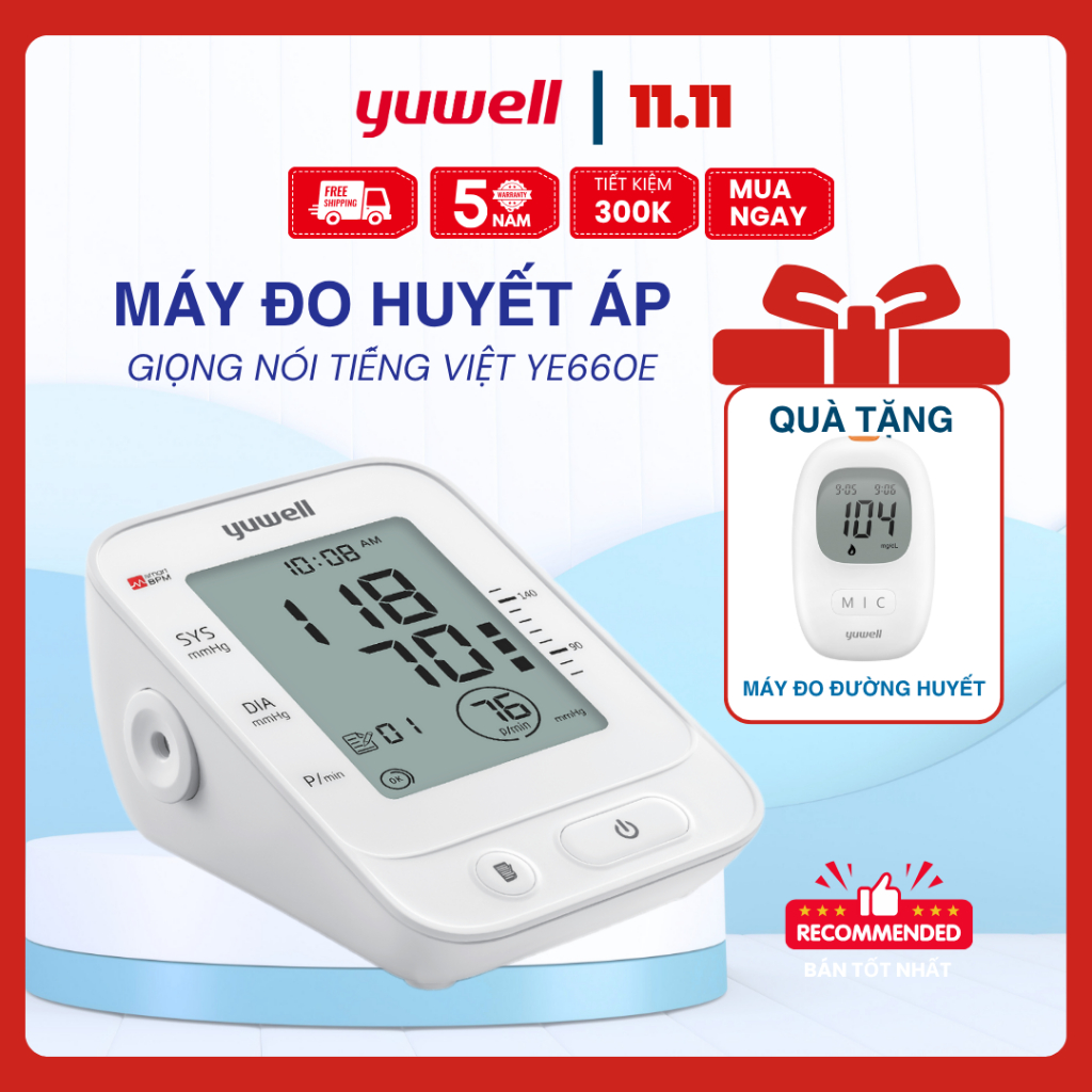 Máy đo huyết áp Yuwell YE660E GIỌNG NÓI TIẾNG VIỆT Tặng Máy đường huyết Yuwell
