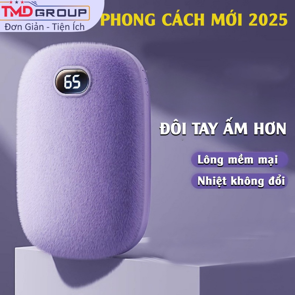 Máy sưởi tay mini lót lông TMD - Kiêm sạc dự pin 3600mAh, làm ấm tay nhanh chóng, 3 mức nhiệt