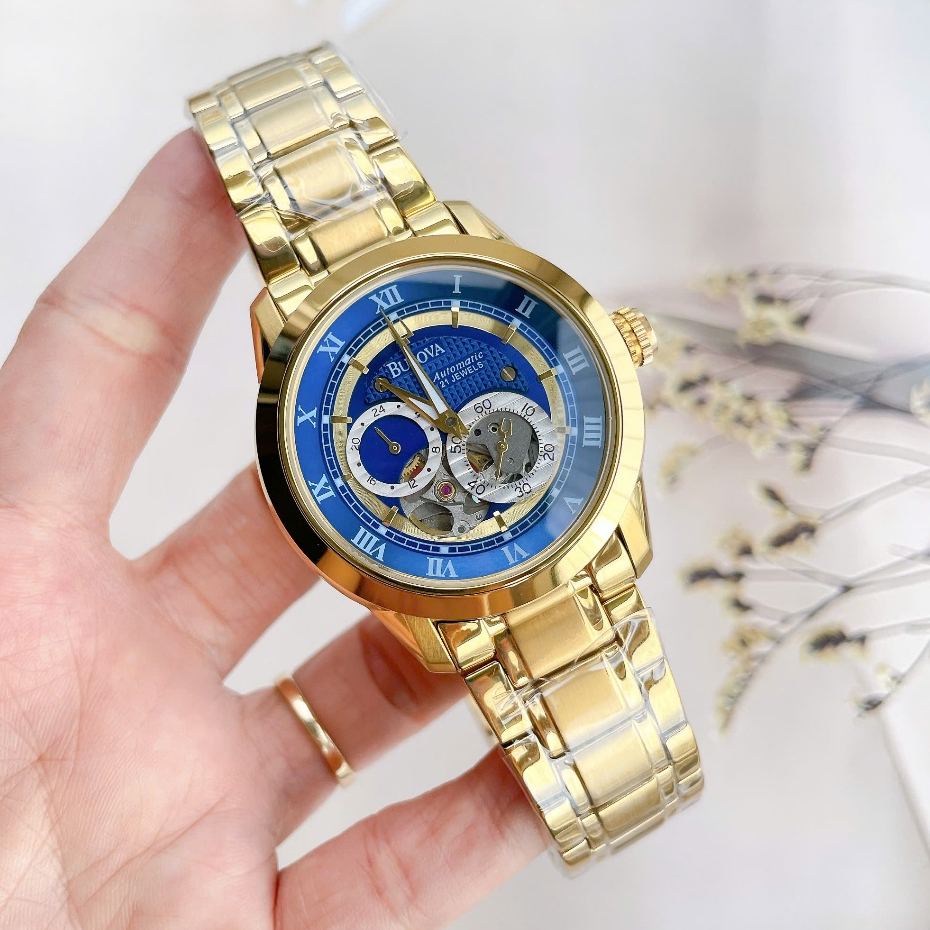 Đồng Hồ Nam Bulova 96A118 Tự Động Mặt Xanh Dương Vỏ Vàng Size 42mm