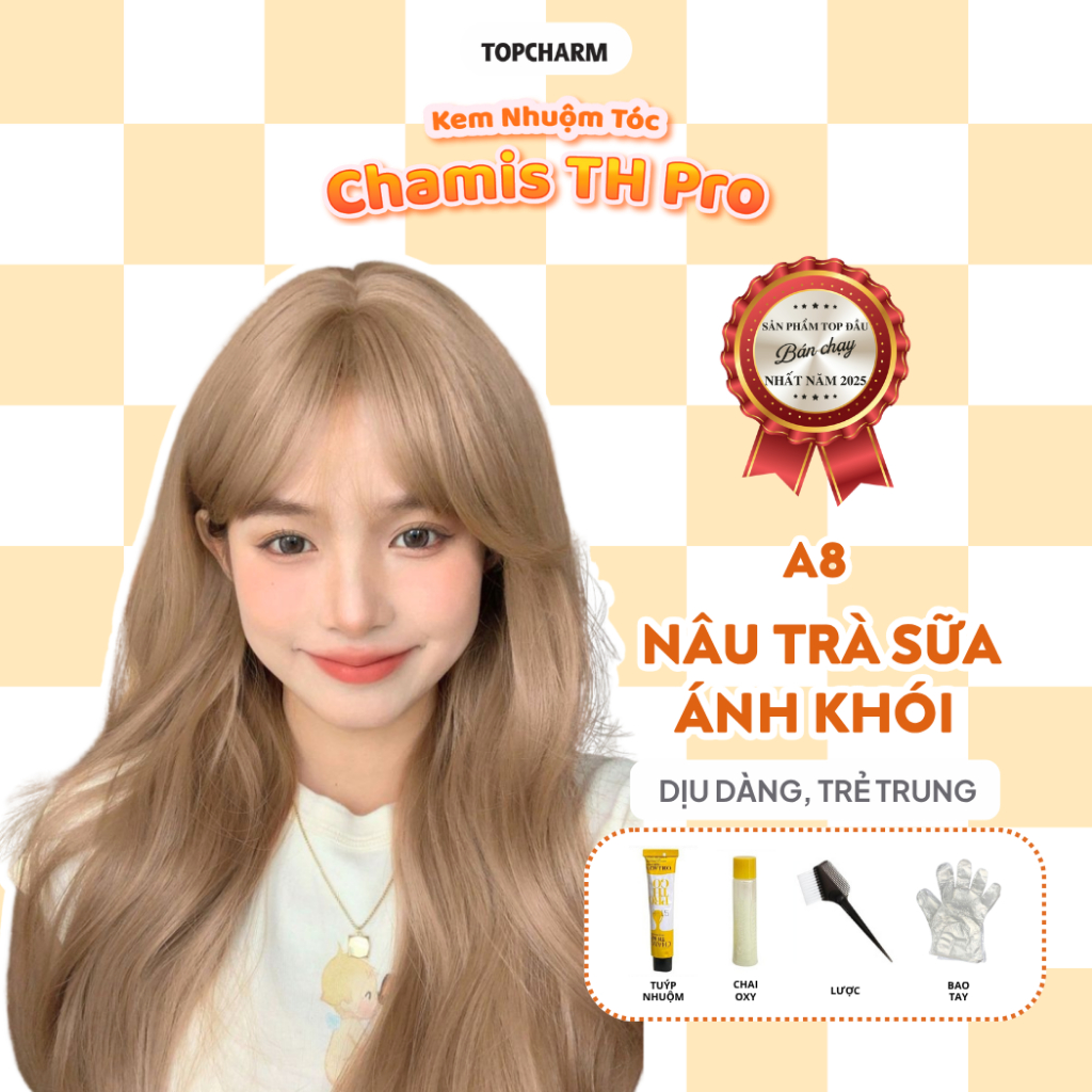 Thuốc nhuộm tóc MÀU XÁM KHÓI không cần tẩy, tặng bộ dụng cụ và gói siêu dưỡng TOPCHARM - CHAMIS TH P