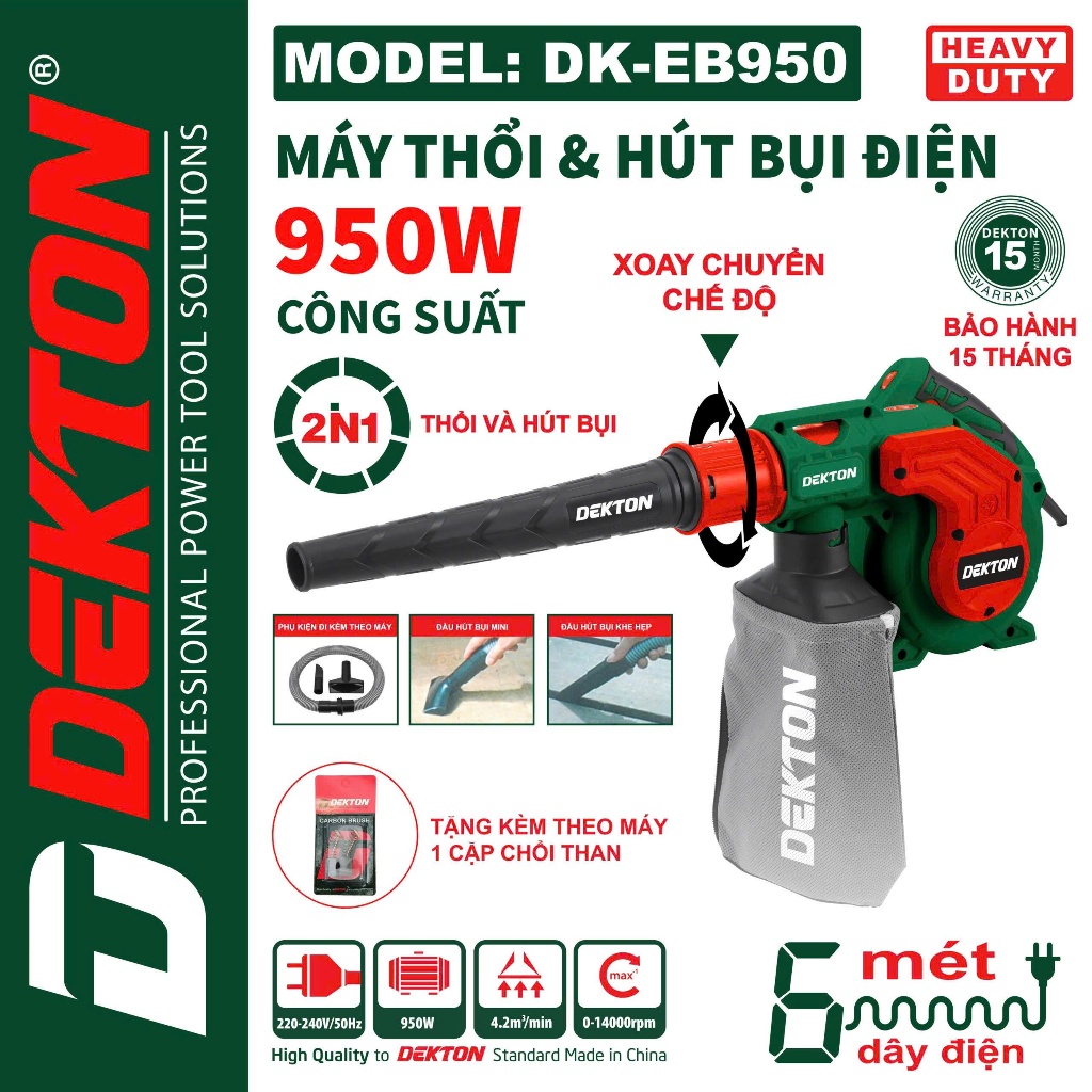 Máy thổi bụi Dekton DK-EB950 950W - Máy hút thổi đa năng, Chỉnh tốc độ, Chính hãng, Dùng điện 220V