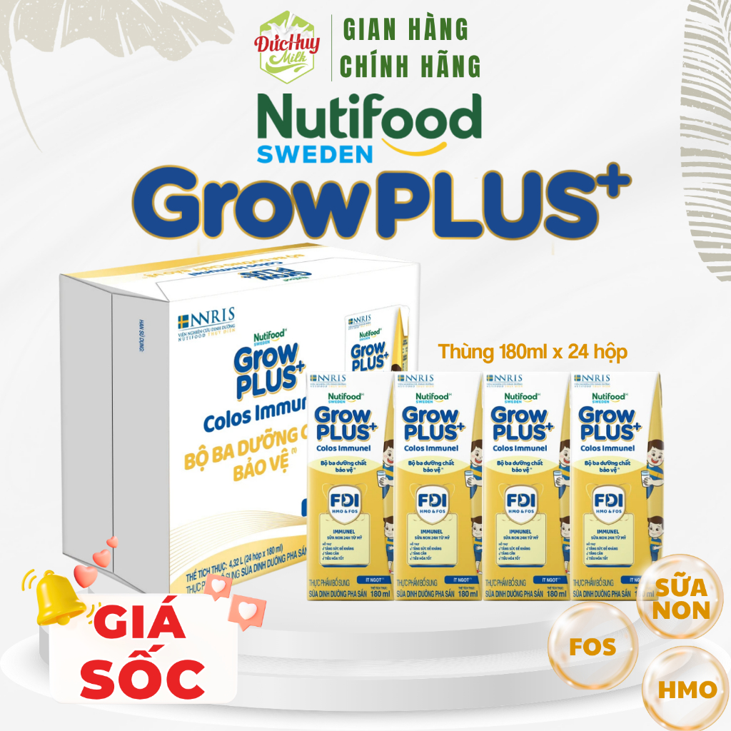 Thùng 24 hộp Sữa Bột Pha Sẵn Nutifood Sweden GrowPLUS+ Sữa Non Immunel (24 hộp x 110/180ml)