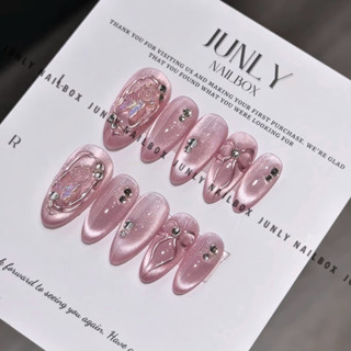  Nailbox mắt mèo hồng ánh trăng JUNLY - nail box thiết kế móng giả mắt mèo nơ hồng siêu sáng 746 