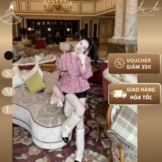  Ann Ann Clothing- Áo khoác dạ hồng dài tay đính hoa trà tiểu thư sang chảnh Áo khoác mùa đông đơn giản dễ phối đồ 