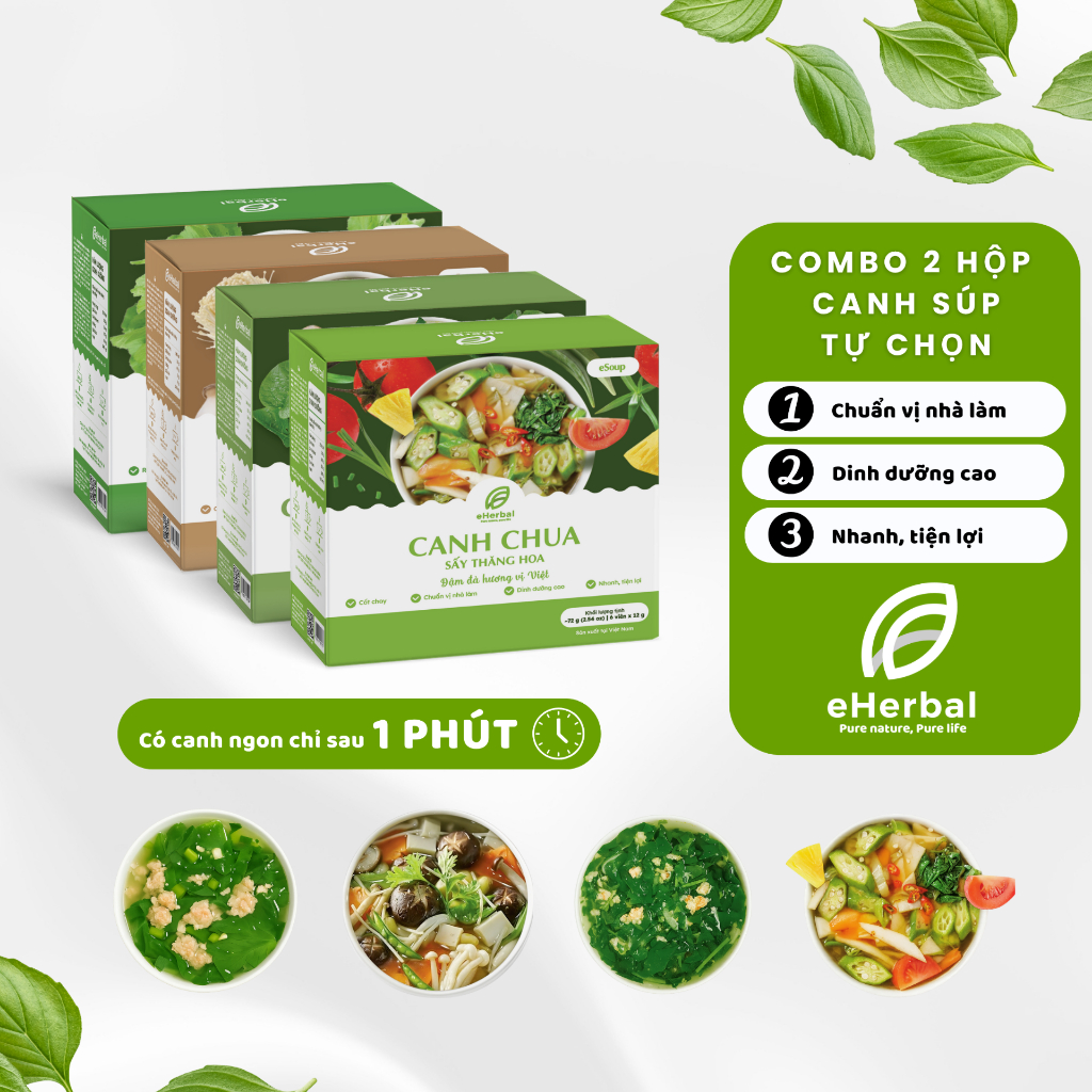 [COMBO 2 HỘP] Canh Súp Ăn Liền Sấy Thăng Hoa Eherbal 144g 12 Viên (Canh Chua, Cải Thịt, Súp Nấm, Mồn