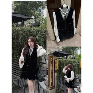  lynchic- SET 2 MÓN KIEUTRANG ÁO DÀI TAY LOE BUỘC DÂY NƠ ĐEN MIX YẾM VÁY NHUNG DÁNG NGẮN 