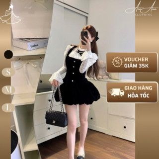  Ann Ann Clothing- Set Yếm Nhung Chiết Eo Cv Bí Mix Áo Ren Tay Dài Lannie Set Bộ Đồ Áo Ren Kết Hợp Váy Yếm Cổ Vuông 