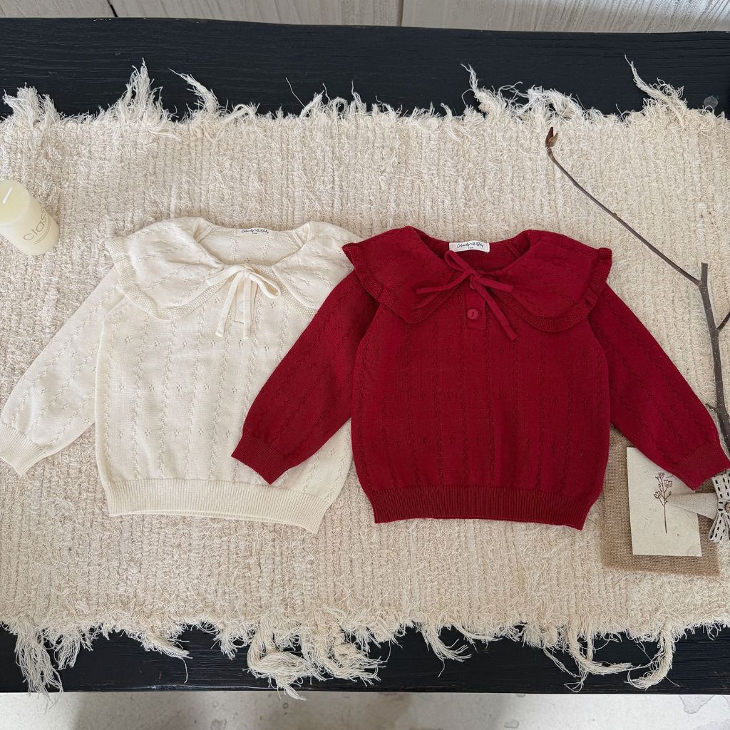 𝑨𝒑𝒓𝒊𝒍 𝒃𝒆́𝒃𝒆́ - Cutemily Áo len thu đông cổ sen trắng đỏ Cho Bé Gái dễ thương
